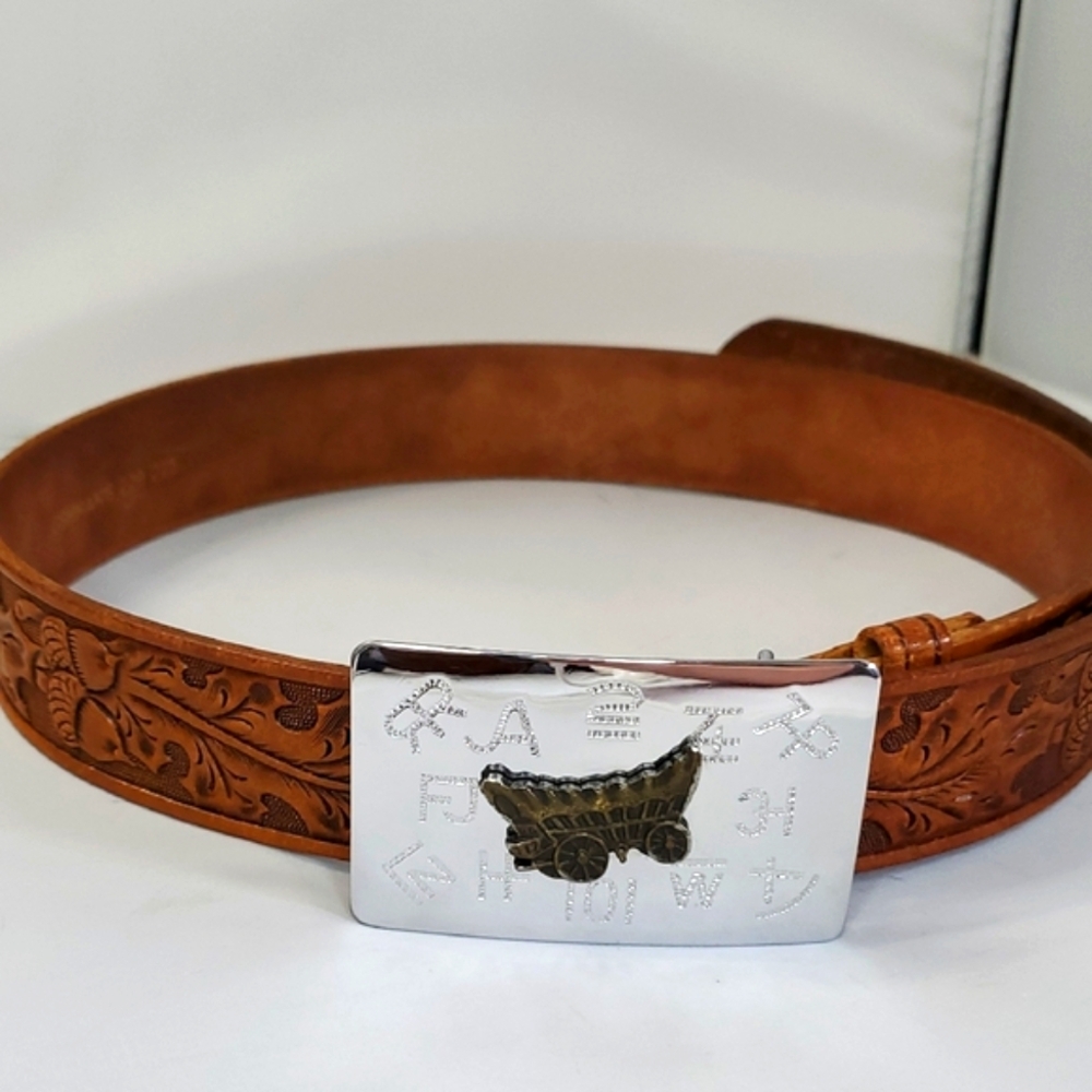 Western Tooled Leather Belt with Silver Buckle